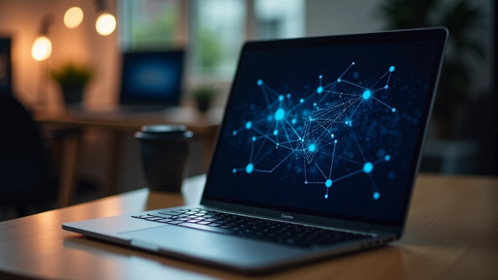 Kompiuterio ekranas rodo blockchain tinklo diagrama su susitiemais mazgais ir duomenimis