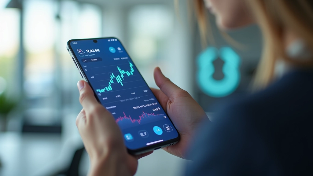 Išmanus telefonas rodantis FinTech aplikaciją su finansiniais duomenimis ir saugumo ženklu